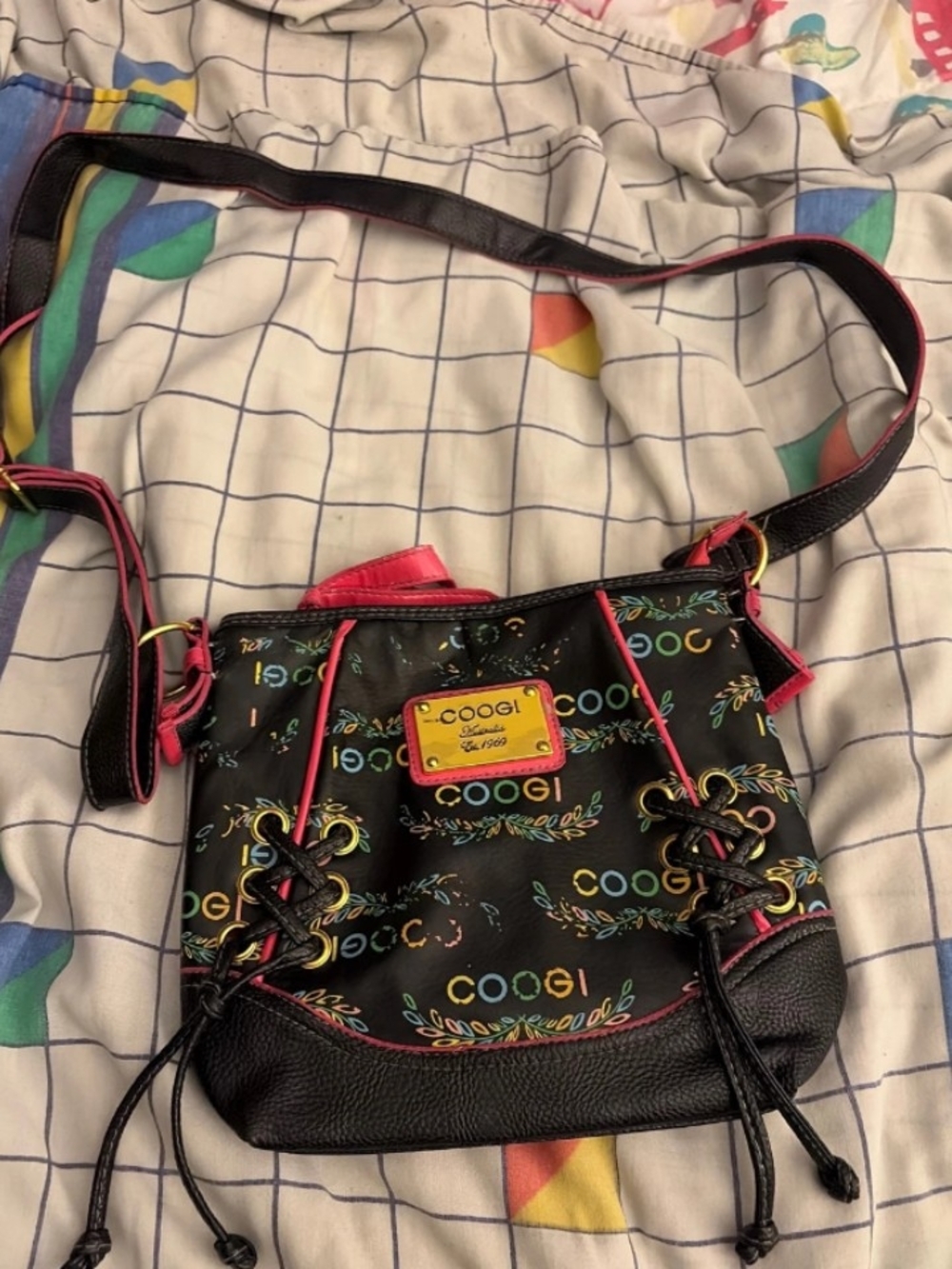 COOGI Black Multicolor Logo Crossbody with Pink Trim